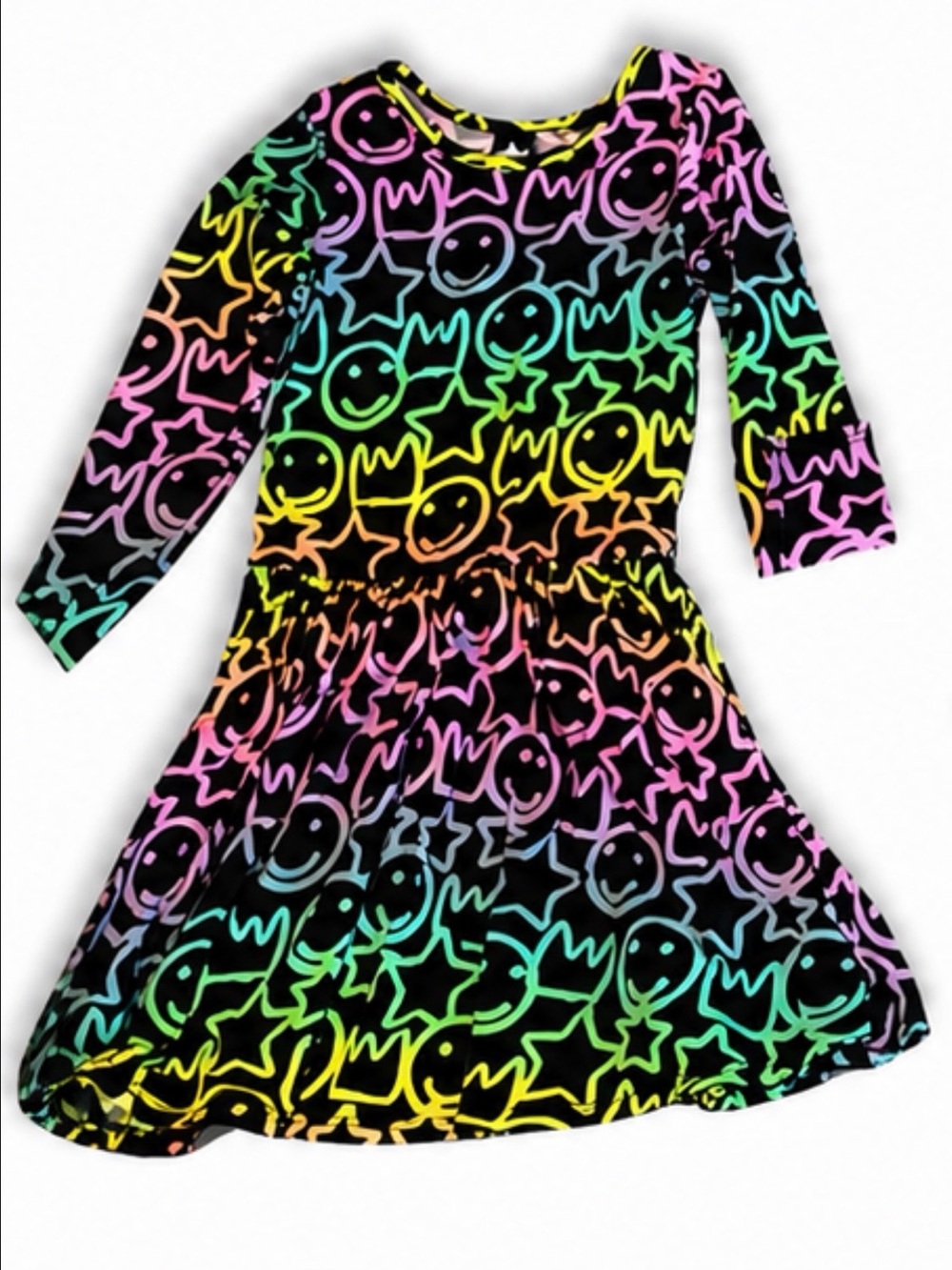 Girls' Rainbow Smiley Star Long-Sleeve Twirl Dress - Black